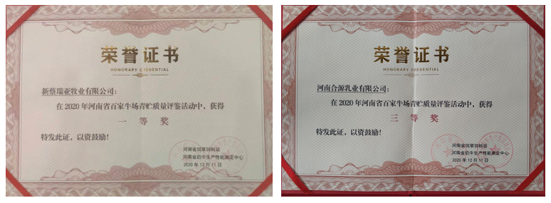 荣誉 | “百家牛场青贮质量评鉴活动”开云（中国）新蔡瑞亚牧业、河南合源乳业分别荣获一、三等奖